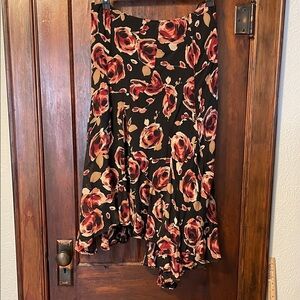 Anne Klein Black Asymmetrical Skirt with Red and Cream Floral Print